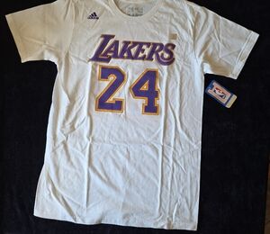 adidas White Lakers #24 Graphic Tee with Purple & Gold Logo